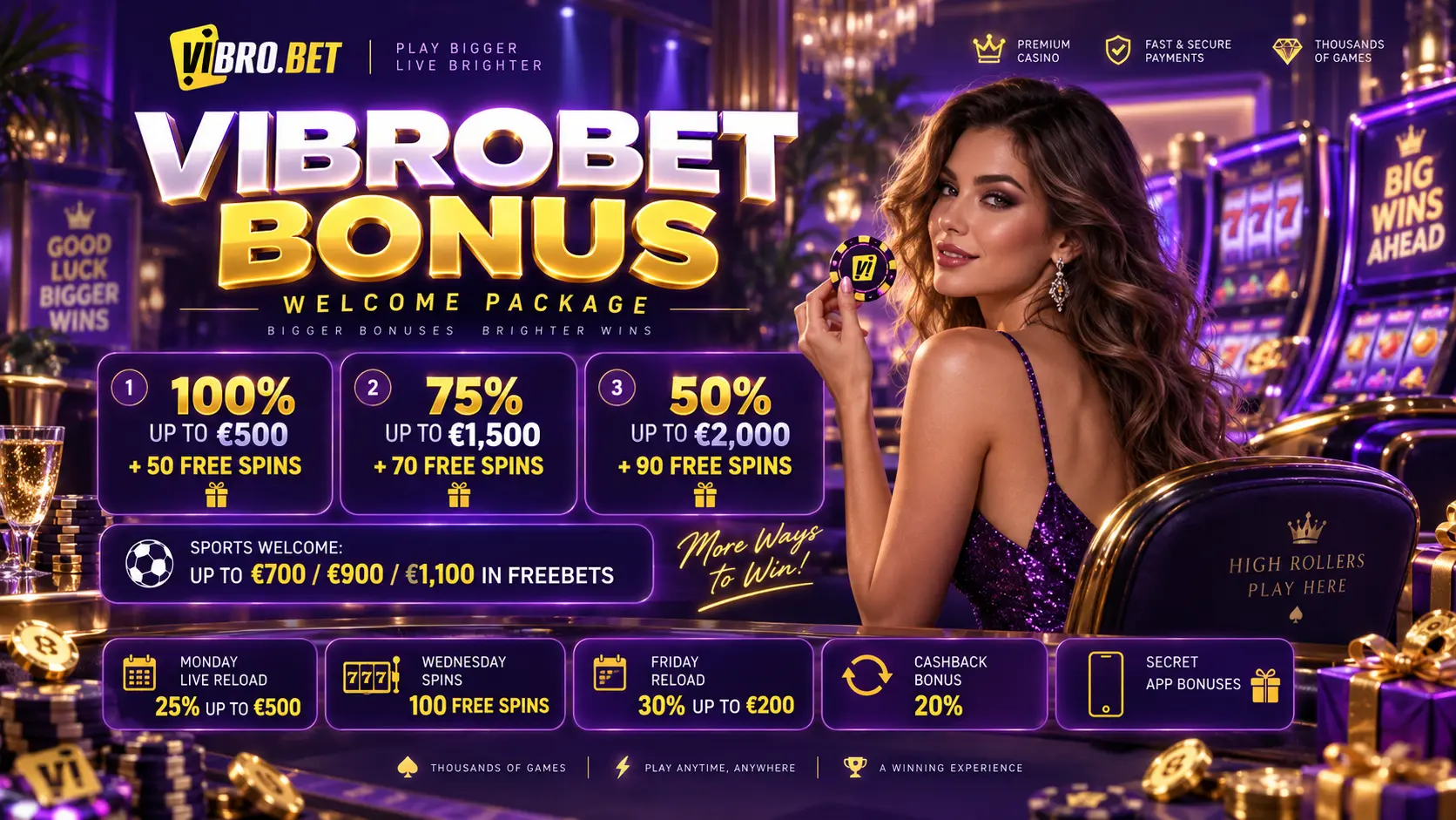 Vibrobet Casino — 100% Welcome Bonus up to £500 plus Cashback, reloads & daily challenges
